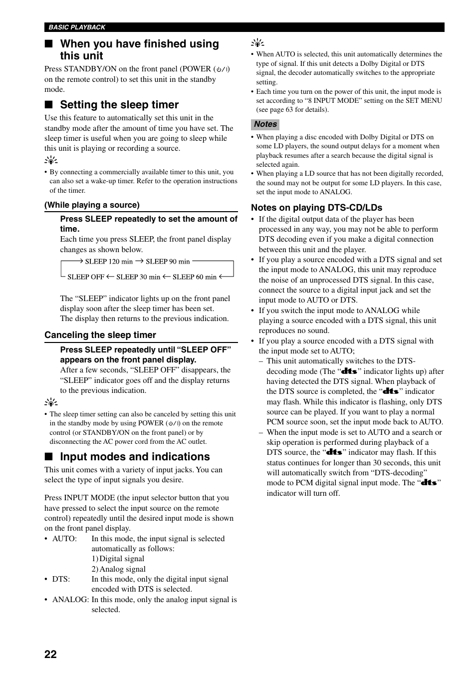 When you have finished using this unit, Setting the sleep timer, Input modes and indications | Yamaha DVX-S100 User Manual | Page 26 / 82