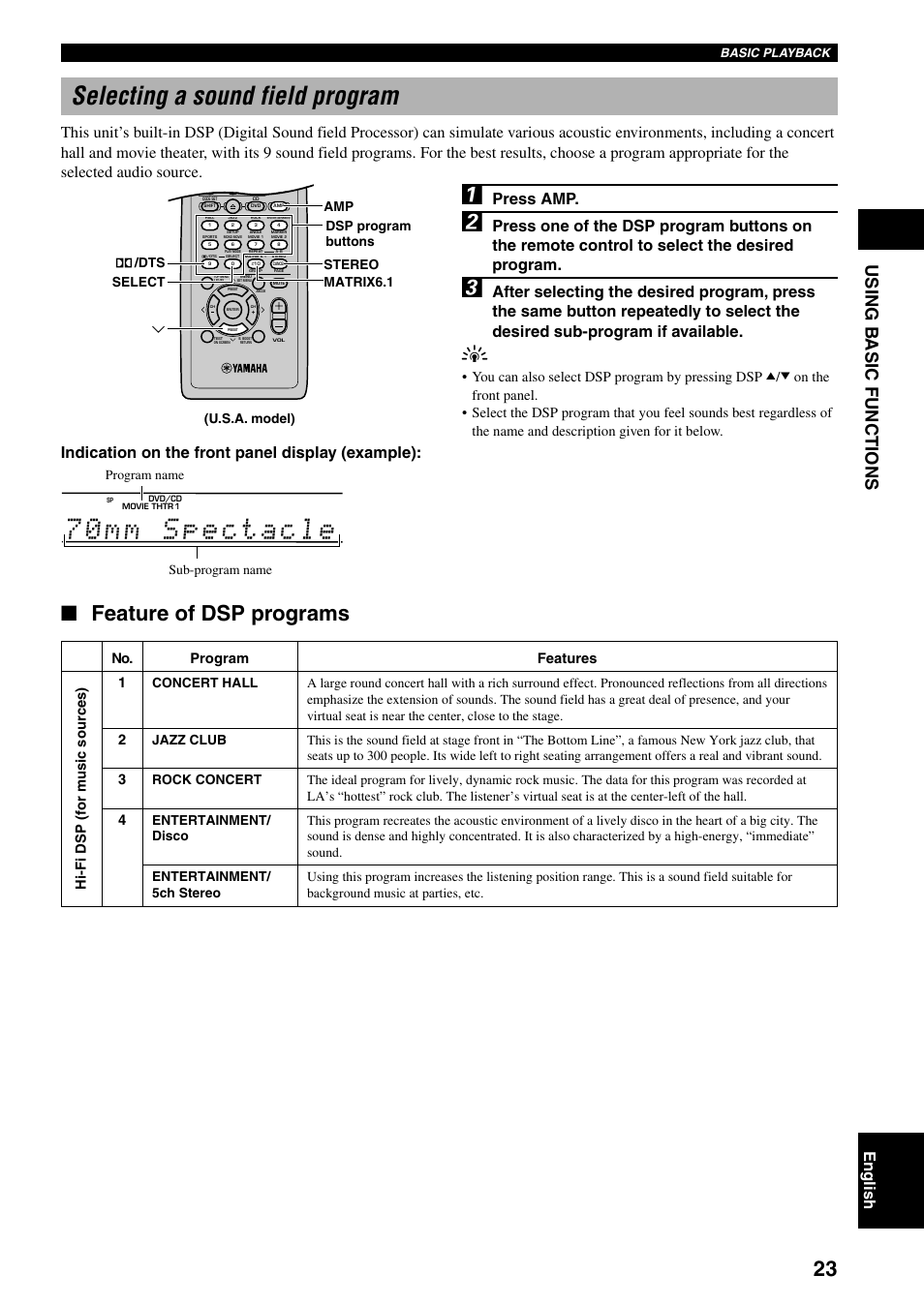 Selecting a sound field program, Feature of dsp programs, Using b asic functions | English, Press amp, Indication on the front panel display (example), No. 1 2 3 4 program, Features, Hi-fi dsp (for music sources), Basic playback | Yamaha DVX-S100 User Manual | Page 27 / 82