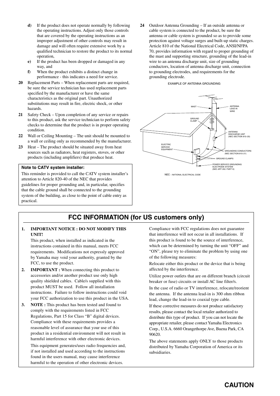 Caution, Fcc information (for us customers only) | Yamaha DVX-S100 User Manual | Page 3 / 82