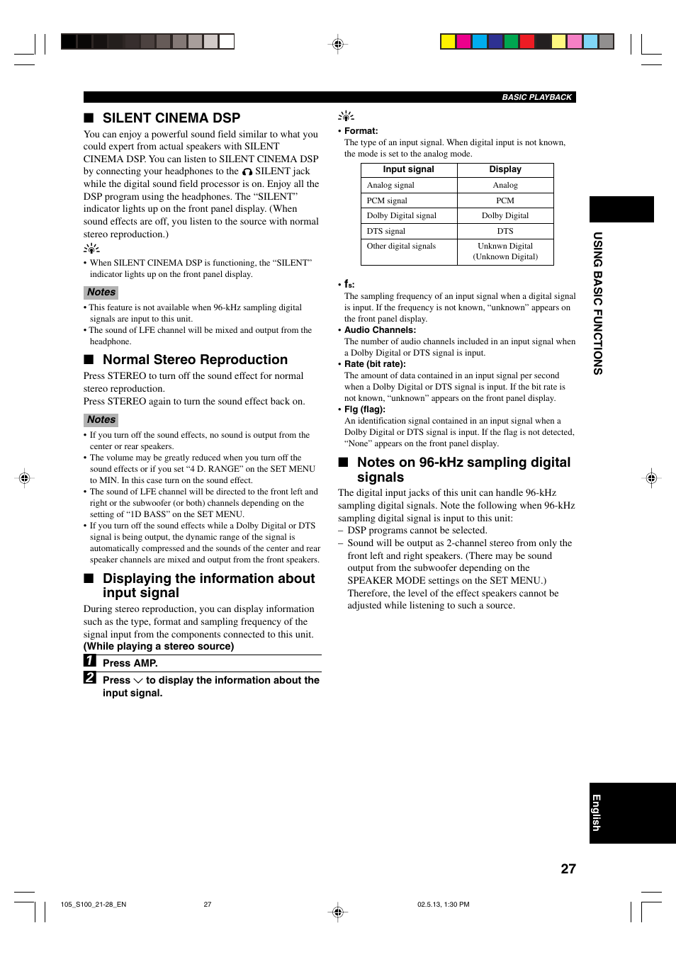 Silent cinema dsp, Normal stereo reproduction, Displaying the information about input signal | Yamaha DVX-S100 User Manual | Page 31 / 82