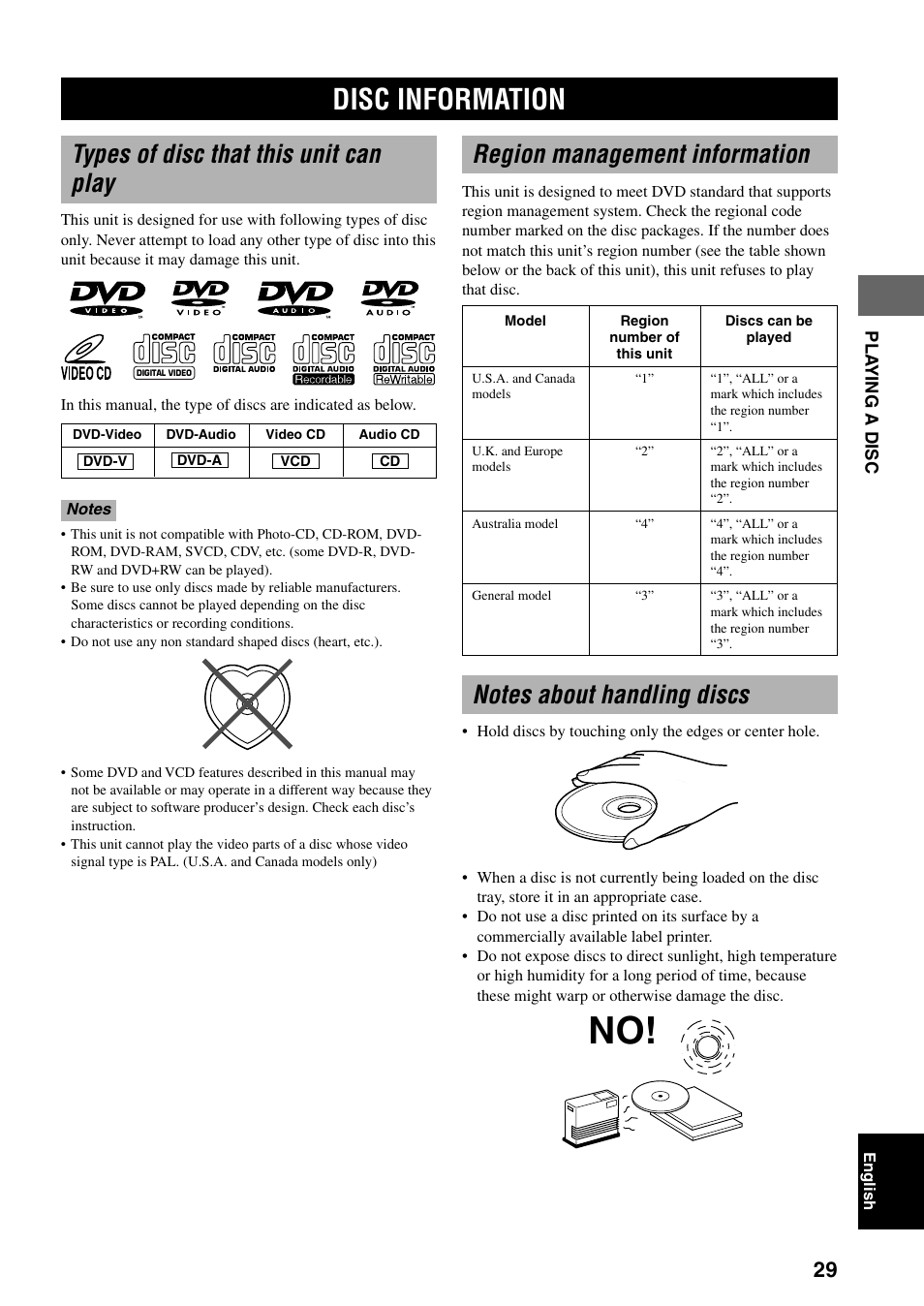Playing a disc, Disc information, Types of disc that this unit can play | Region management information, Notes about handling discs | Yamaha DVX-S100 User Manual | Page 33 / 82