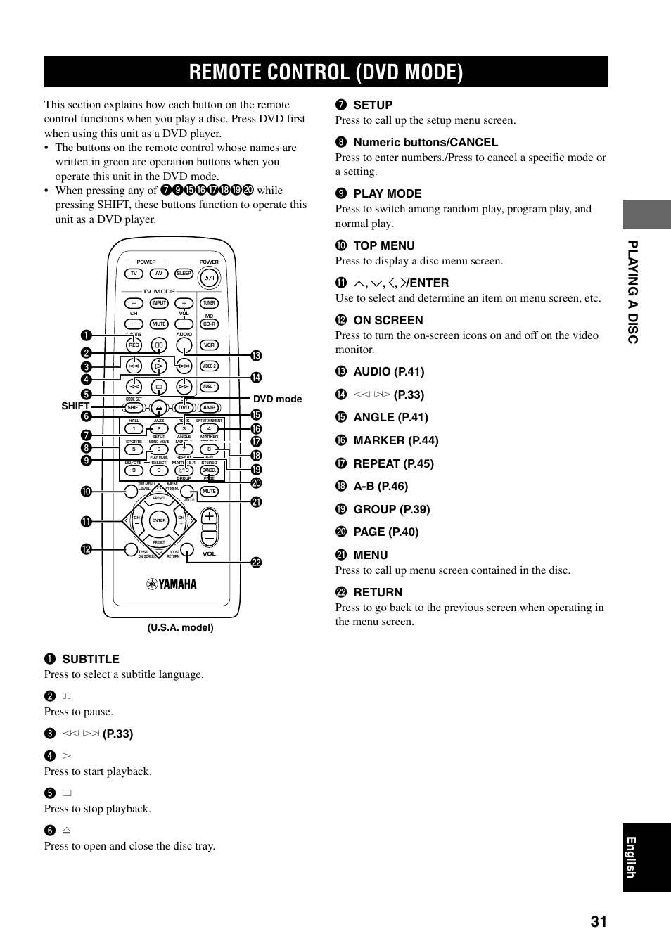 Remote control (dvd mode), Pla ying a disc, English | Yamaha DVX-S100 User Manual | Page 35 / 82