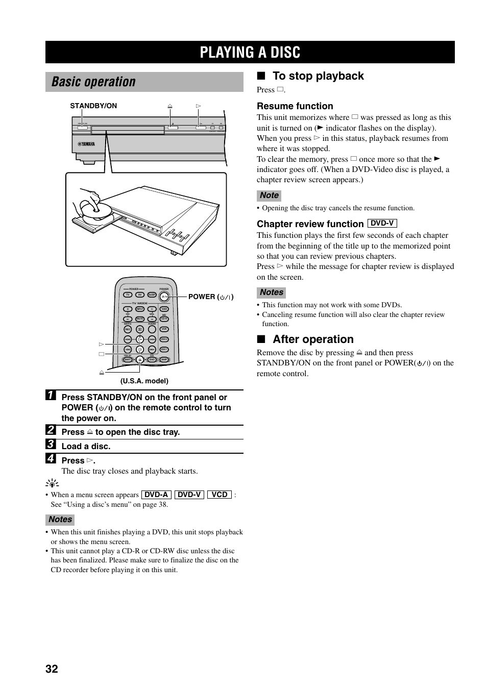Playing a disc, Basic operation, After operation | Resume function, Chapter review function, Press v to open the disc tray, Load a disc, Press w . the disc tray closes and playback starts, Press a | Yamaha DVX-S100 User Manual | Page 36 / 82
