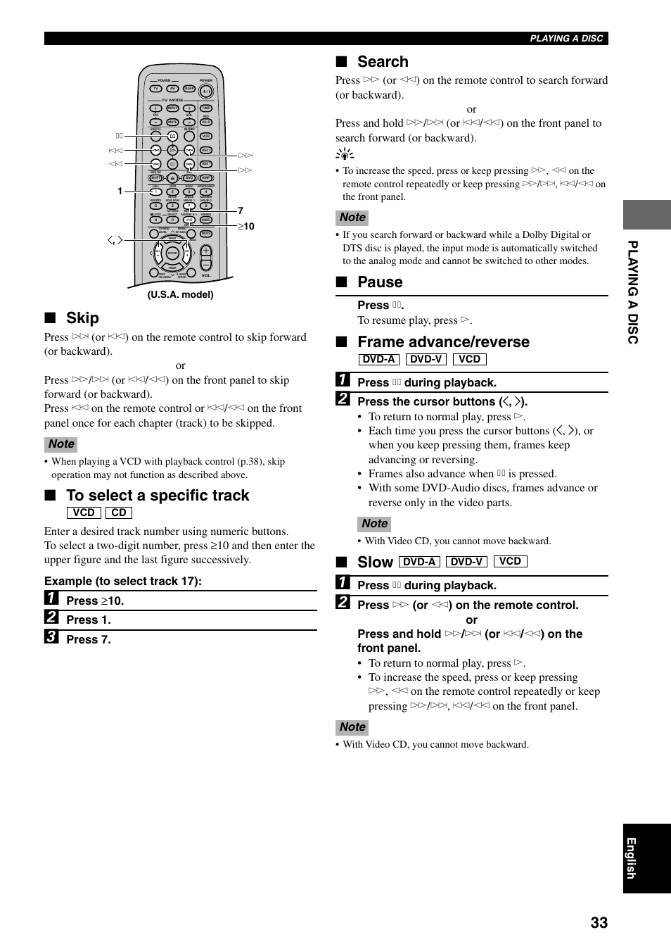 Skip, Search, Pause | Frame advance/reverse, Slow, Pla ying a disc, English, Press ≥ 10, Press 1, Press 7 | Yamaha DVX-S100 User Manual | Page 37 / 82