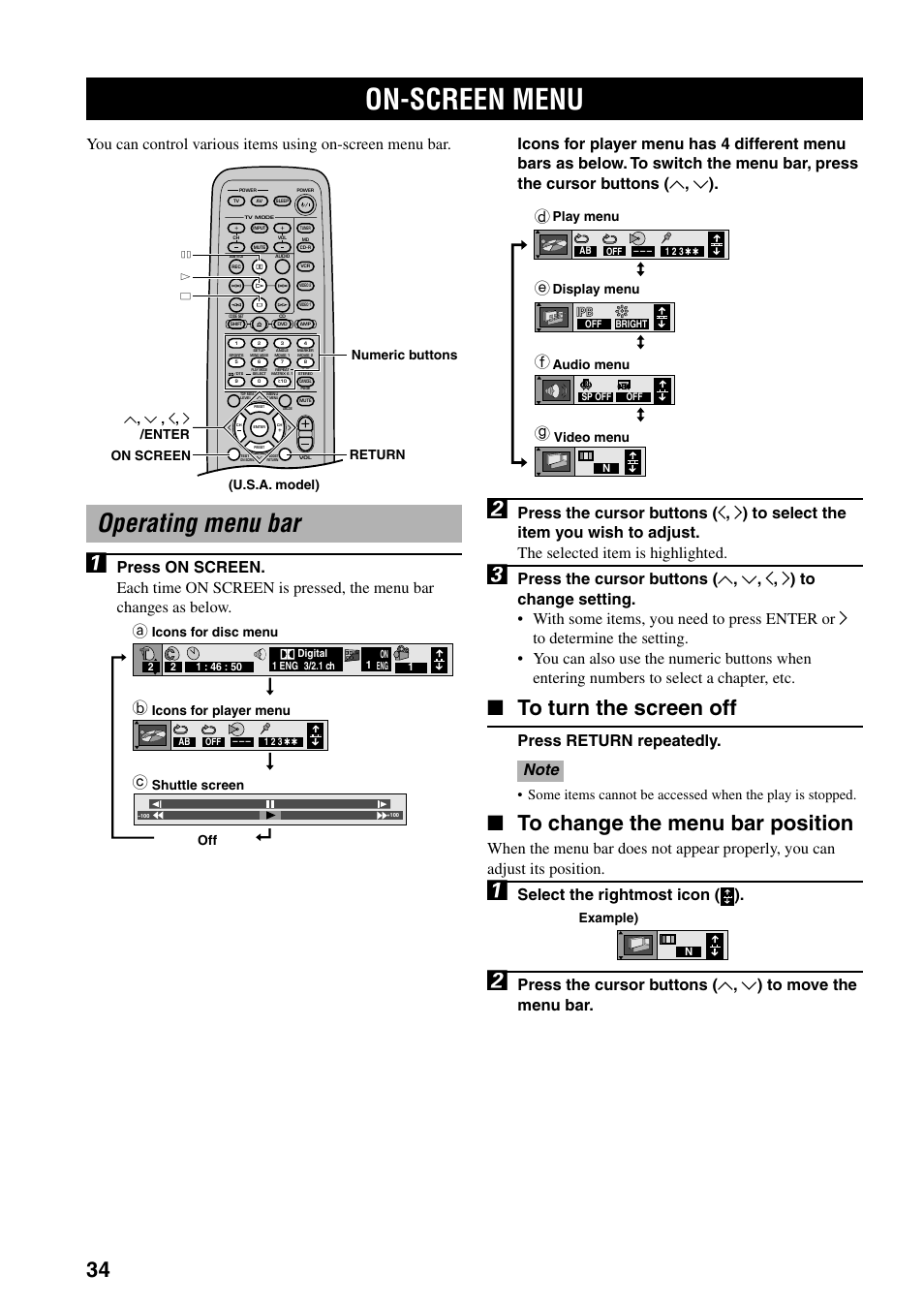 On-screen menu, Operating menu bar, Press return repeatedly | Select the rightmost icon ( ), Ab c, De f g, Example) (u.s.a. model) | Yamaha DVX-S100 User Manual | Page 38 / 82