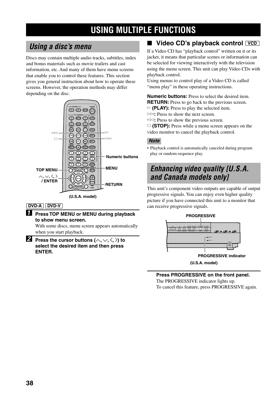 Using multiple functions, Using a disc’s menu, Video cd’s playback control | Dvd-a, Dvd-v, Progressive progressive indicator (u.s.a. model) | Yamaha DVX-S100 User Manual | Page 42 / 82