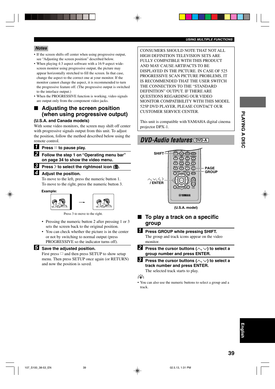 Dvd-audio features, Pla ying a disc, Press d to pause play | Press i to select the rightmost icon ( ), Dvd-a | Yamaha DVX-S100 User Manual | Page 43 / 82