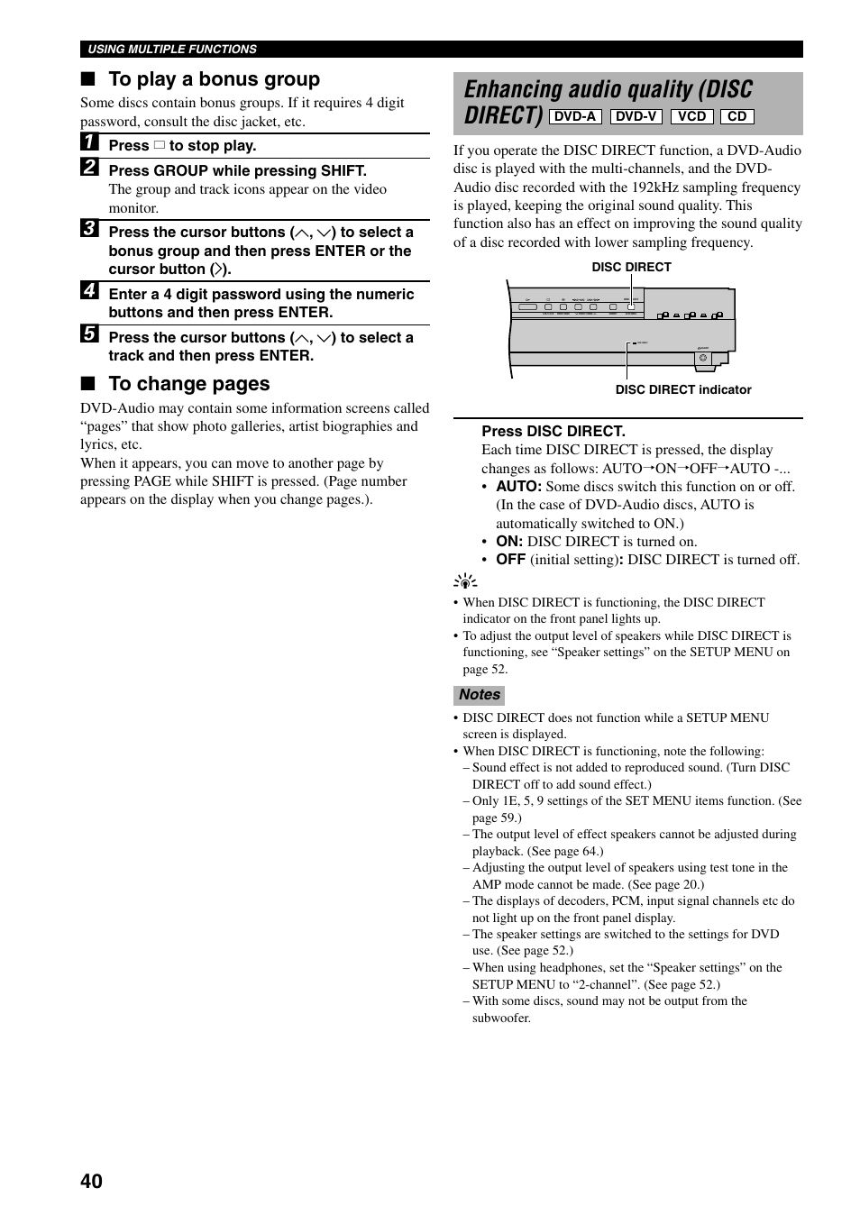 Enhancing audio quality (disc direct) | Yamaha DVX-S100 User Manual | Page 44 / 82
