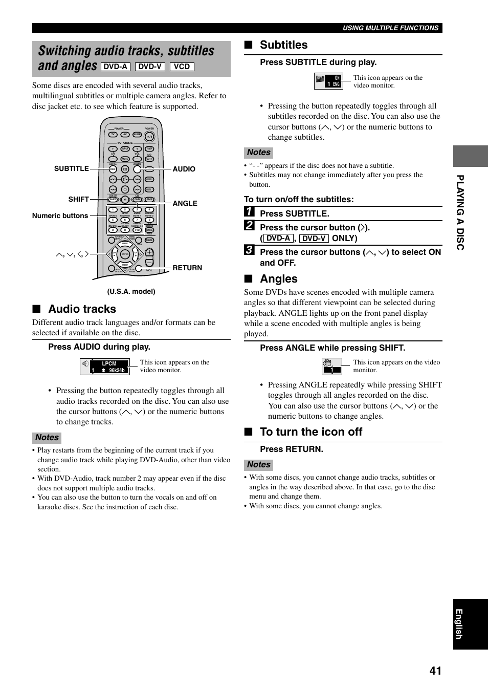 Switching audio tracks, subtitles and angles, Audio tracks, Subtitles | Angles, Pla ying a disc, English, Press subtitle, Press the cursor button ( i ), Only), Press return | Yamaha DVX-S100 User Manual | Page 45 / 82