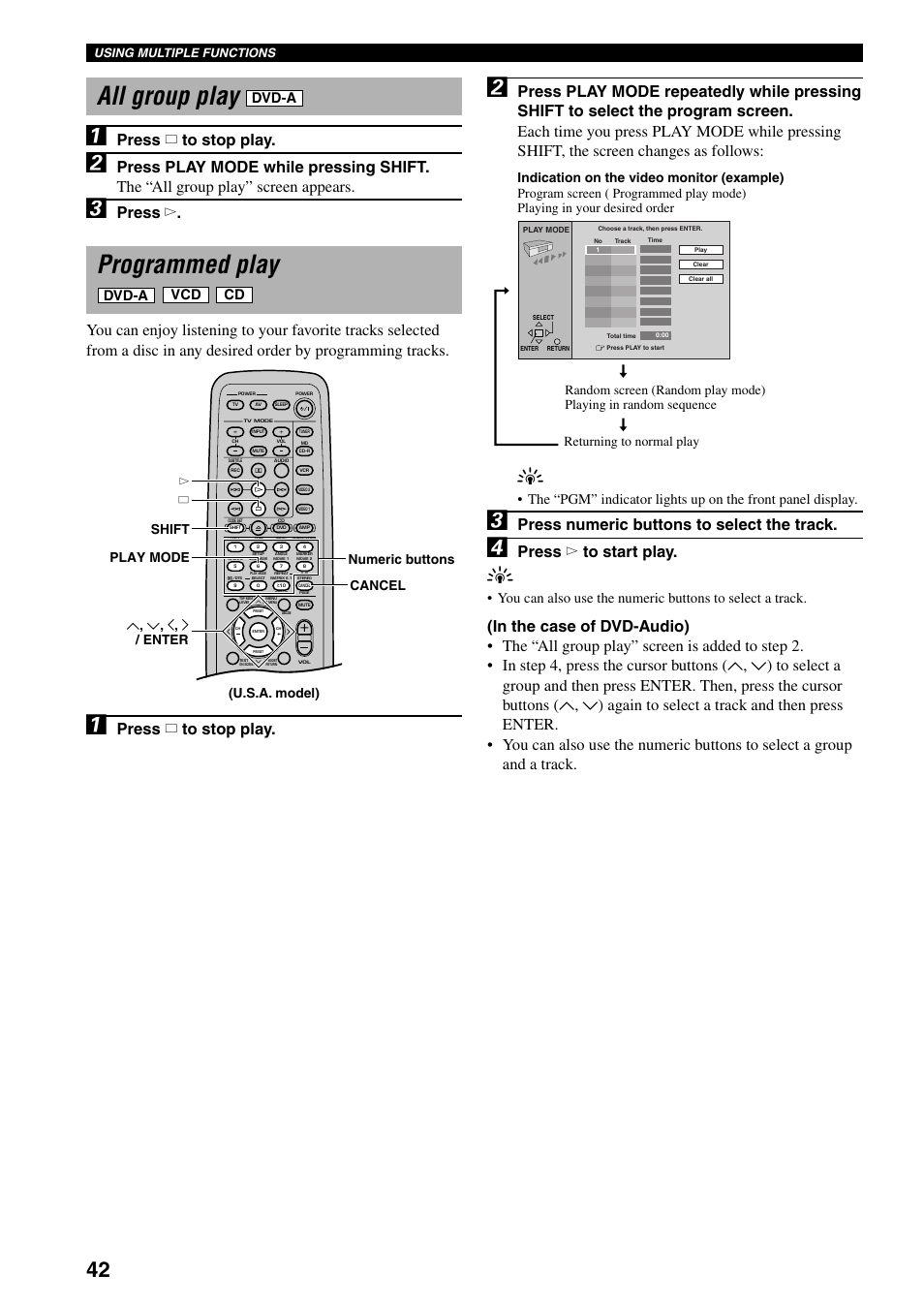 All group play, Programmed play, Press numeric buttons to select the track | Press w to start play, Press a to stop play, Press w, Dvd-a, Using multiple functions | Yamaha DVX-S100 User Manual | Page 46 / 82