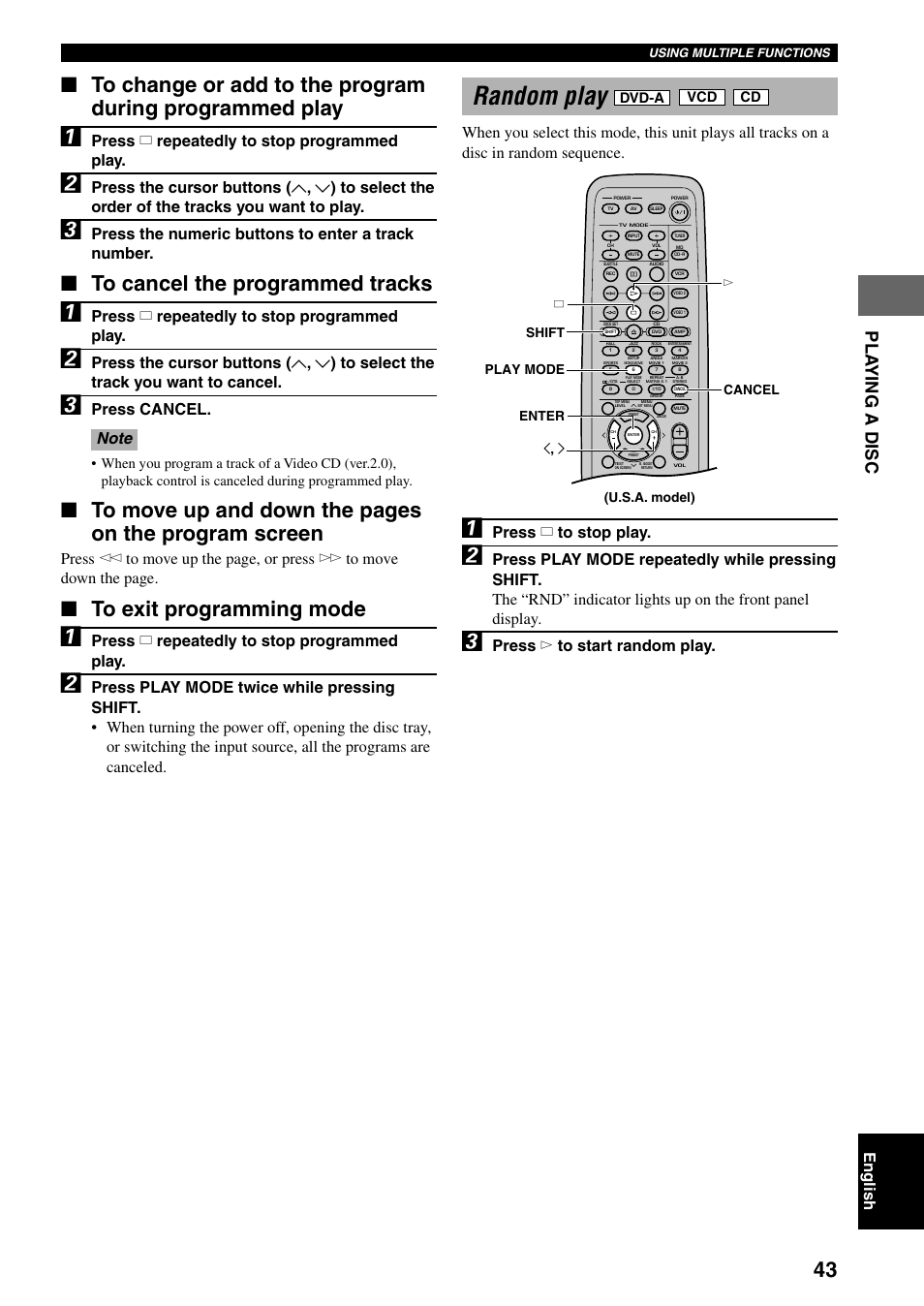 Random play, Pla ying a disc, English | Press a repeatedly to stop programmed play, Press the numeric buttons to enter a track number, Press cancel, Press a to stop play, Press w to start random play, Dvd-a | Yamaha DVX-S100 User Manual | Page 47 / 82