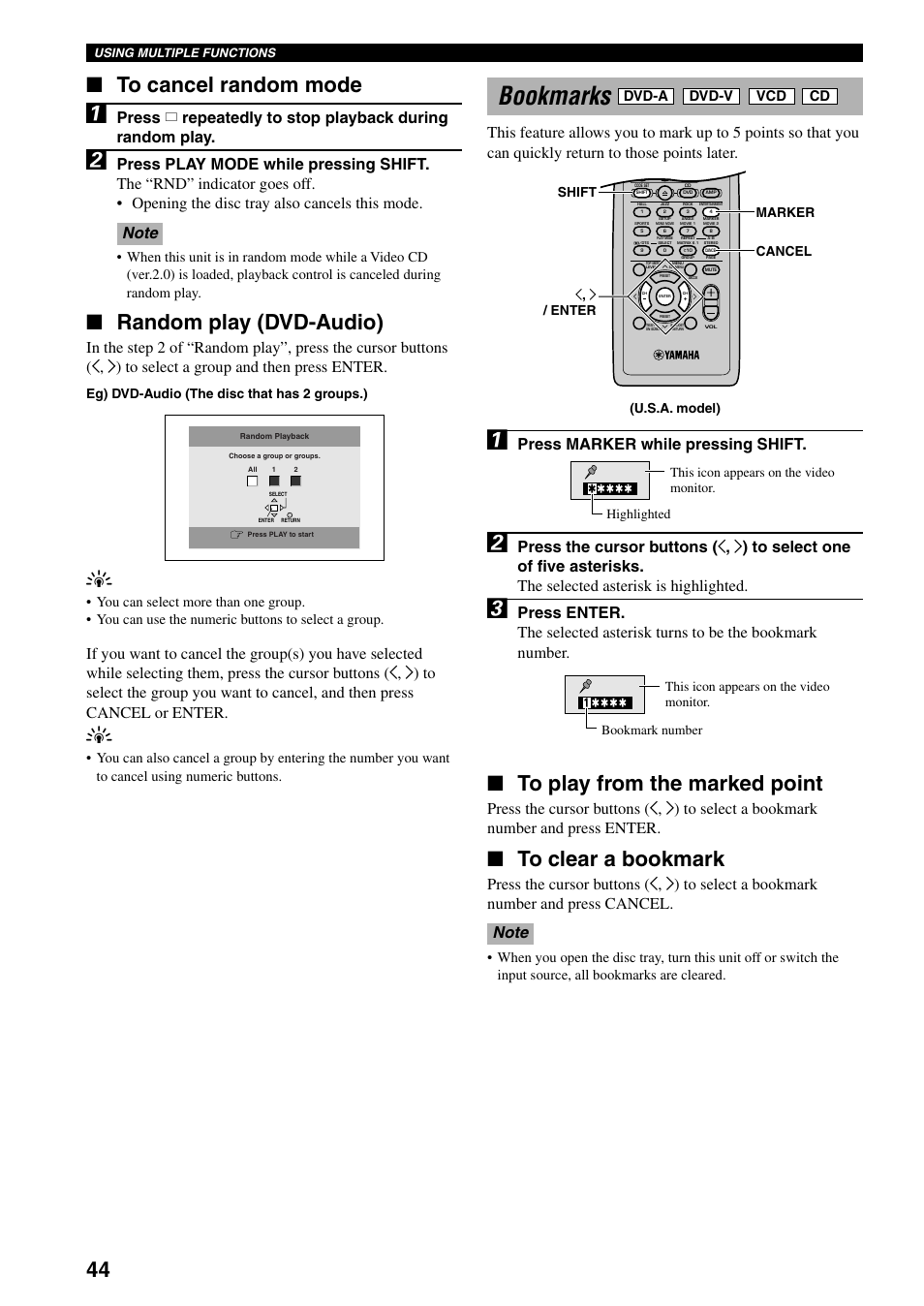 Bookmarks, Random play (dvd-audio), Press marker while pressing shift | Dvd-a, Dvd-v | Yamaha DVX-S100 User Manual | Page 48 / 82