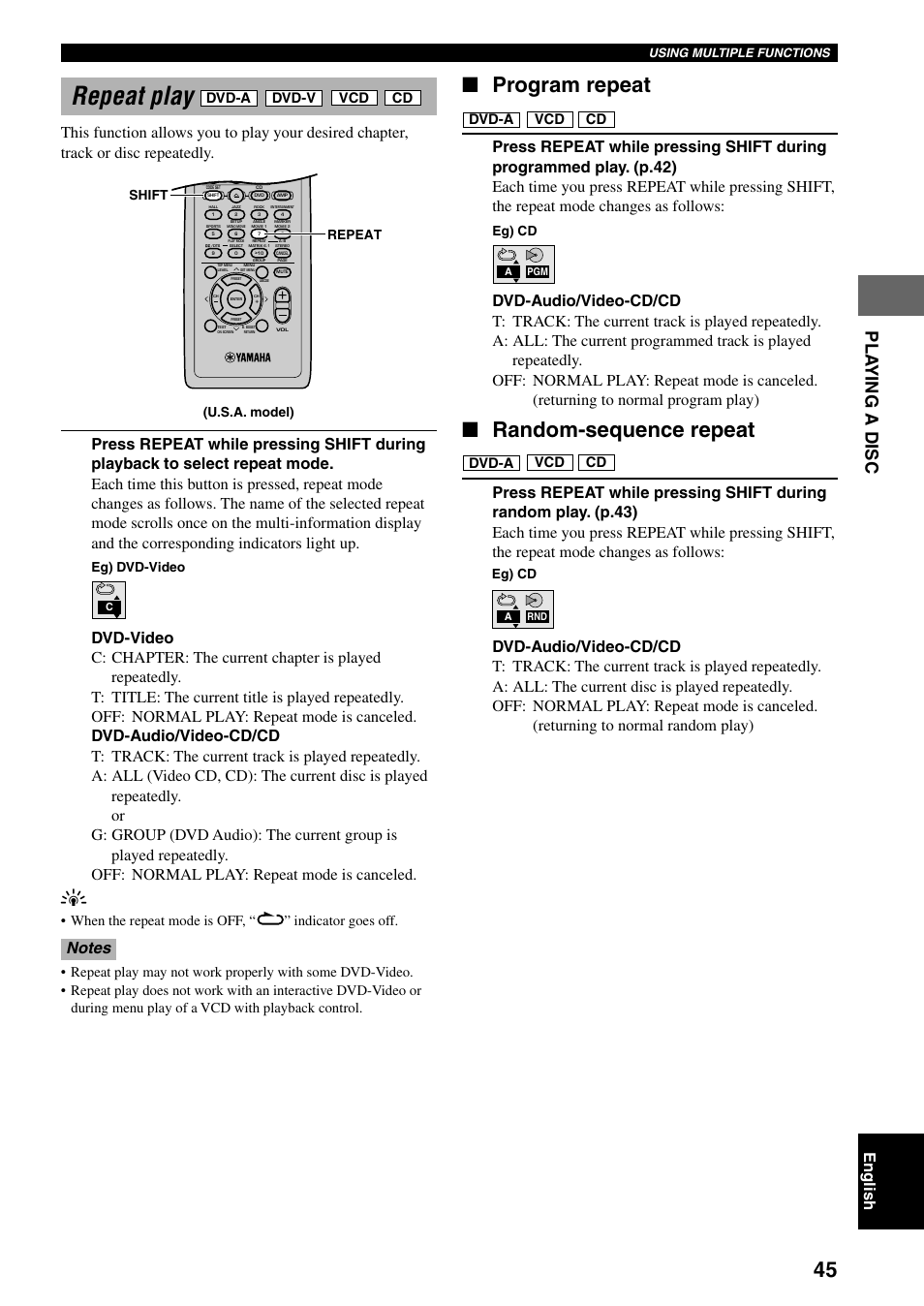 Repeat play, Program repeat, Random-sequence repeat | Pla ying a disc, English, Dvd-a, Dvd-v | Yamaha DVX-S100 User Manual | Page 49 / 82