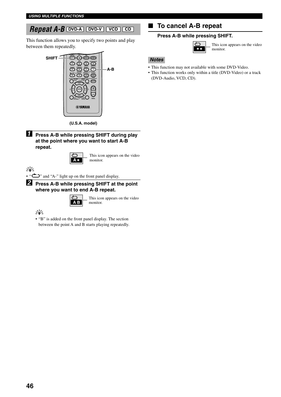 Repeat a-b, Press a-b while pressing shift, Dvd-a | Dvd-v, And “a-” light up on the front panel display, Aa b, Using multiple functions, This icon appears on the video monitor, A-b shift (u.s.a. model) | Yamaha DVX-S100 User Manual | Page 50 / 82