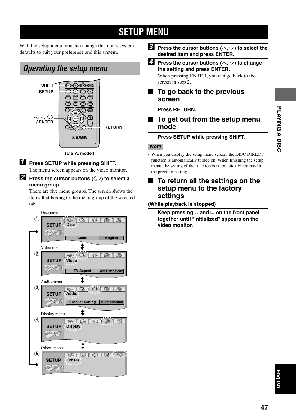 Setup menu, Operating the setup menu, Pla ying a disc | English, Press return, Press setup while pressing shift, Setup | Yamaha DVX-S100 User Manual | Page 51 / 82