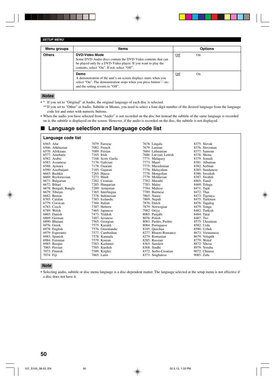 Language selection and language code list | Yamaha DVX-S100 User Manual | Page 54 / 82