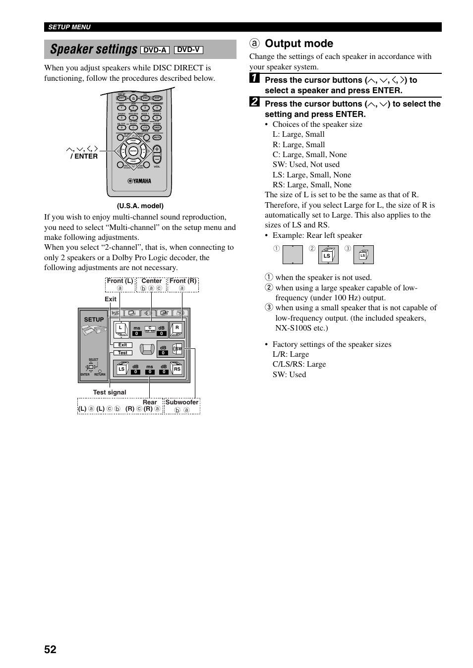 Speaker settings, A output mode, Dvd-a | Dvd-v, Setup menu, U, d , j , i / enter (u.s.a. model) | Yamaha DVX-S100 User Manual | Page 56 / 82