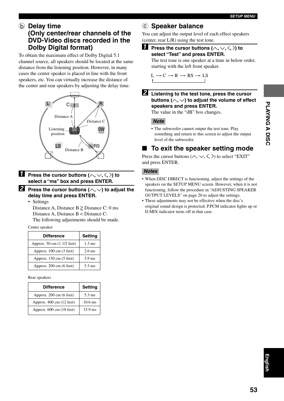 C speaker balance | Yamaha DVX-S100 User Manual | Page 57 / 82