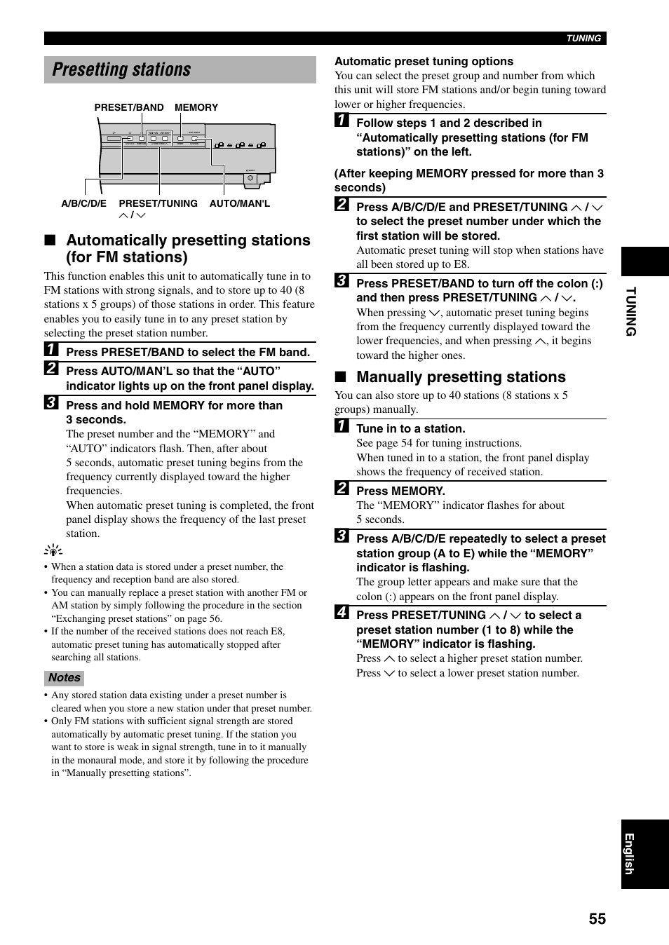 Presetting stations, Manually presetting stations | Yamaha DVX-S100 User Manual | Page 59 / 82