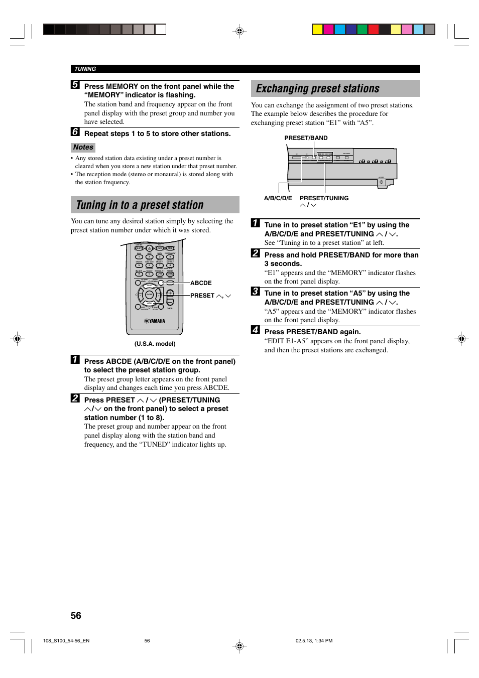 Tuning in to a preset station, Exchanging preset stations, Repeat steps 1 to 5 to store other stations | Tuning, Abcde preset u , d, Preset/band preset/tuning u / d a/b/c/d/e, U.s.a. model) | Yamaha DVX-S100 User Manual | Page 60 / 82