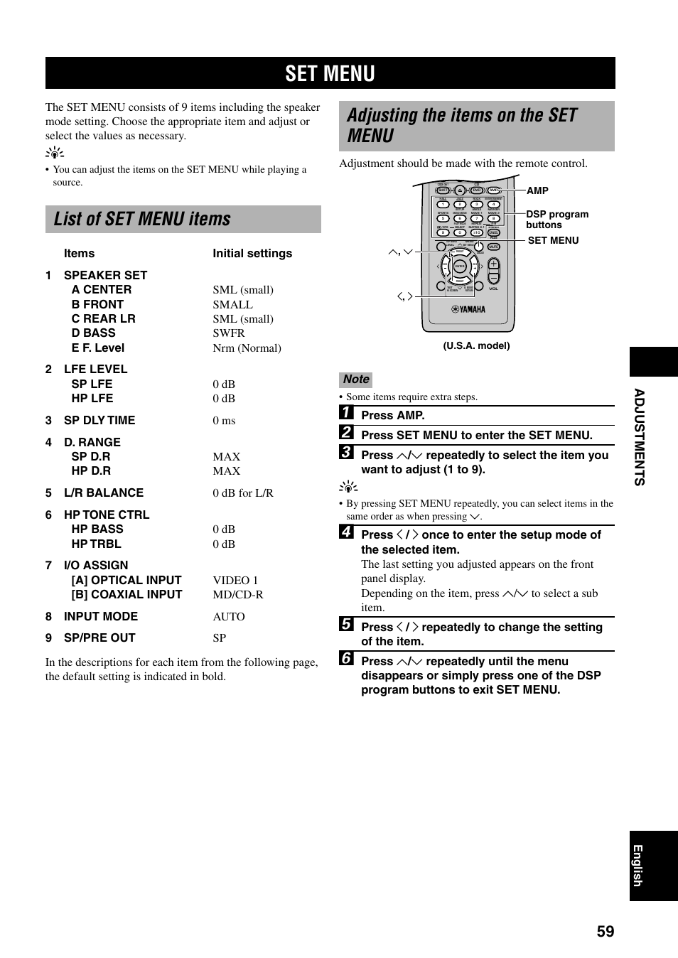 Adjustments, Set menu, List of set menu items | Adjusting the items on the set menu, English, Adjustment should be made with the remote control, Press amp, Press set menu to enter the set menu | Yamaha DVX-S100 User Manual | Page 63 / 82