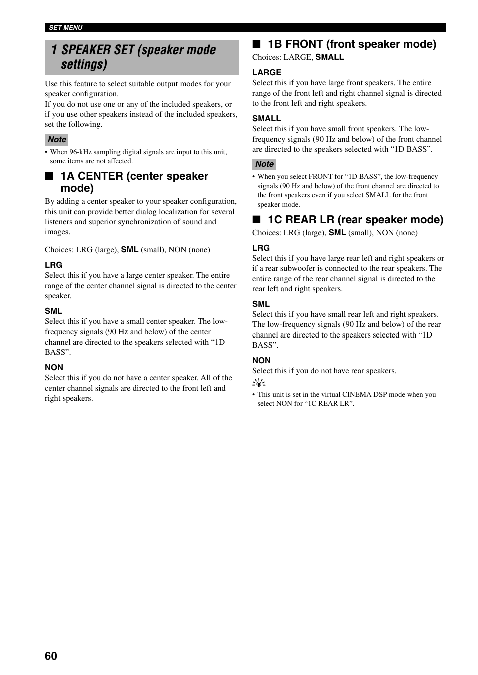 1 speaker set (speaker mode settings), 1a center (center speaker mode), 1b front (front speaker mode) | 1c rear lr (rear speaker mode) | Yamaha DVX-S100 User Manual | Page 64 / 82