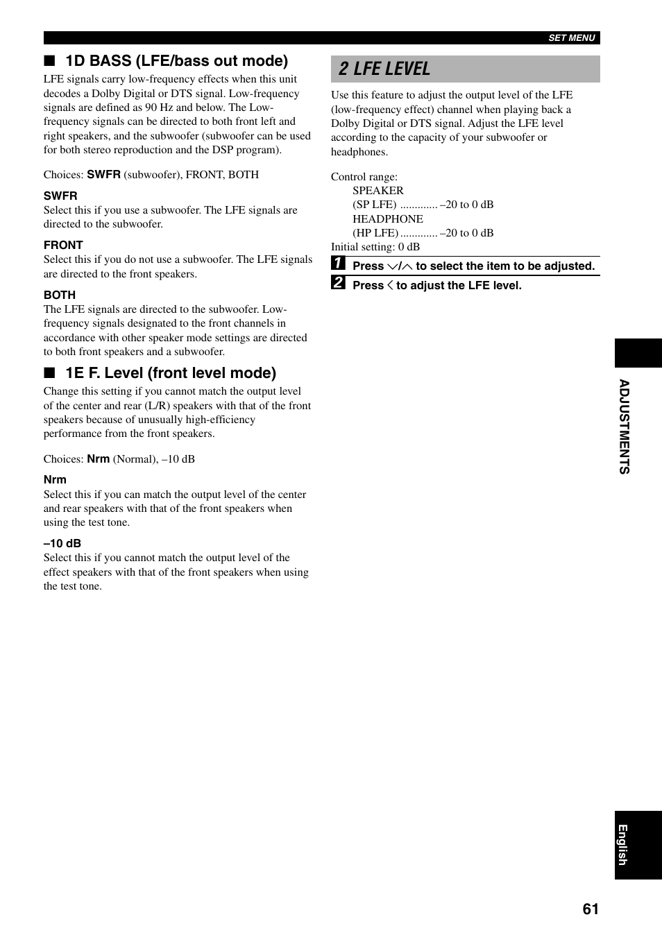 2 lfe level, 1d bass (lfe/bass out mode), 1e f. level (front level mode) | Yamaha DVX-S100 User Manual | Page 65 / 82