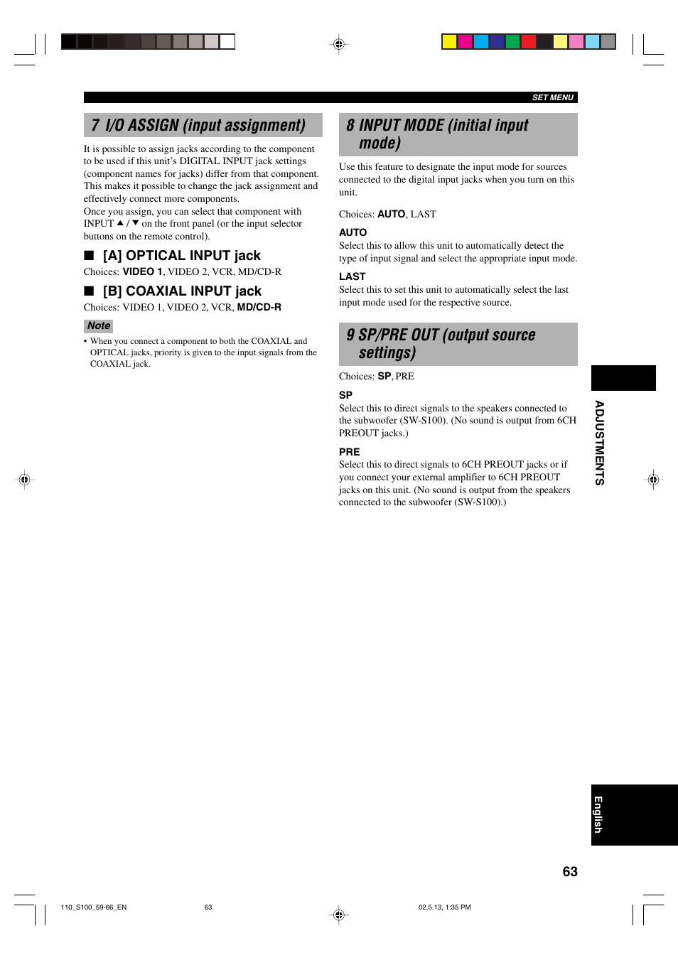 7 i/o assign (input assignment), 8 input mode (initial input mode), 9 sp/pre out (output source settings) | A] optical input jack, B] coaxial input jack | Yamaha DVX-S100 User Manual | Page 67 / 82