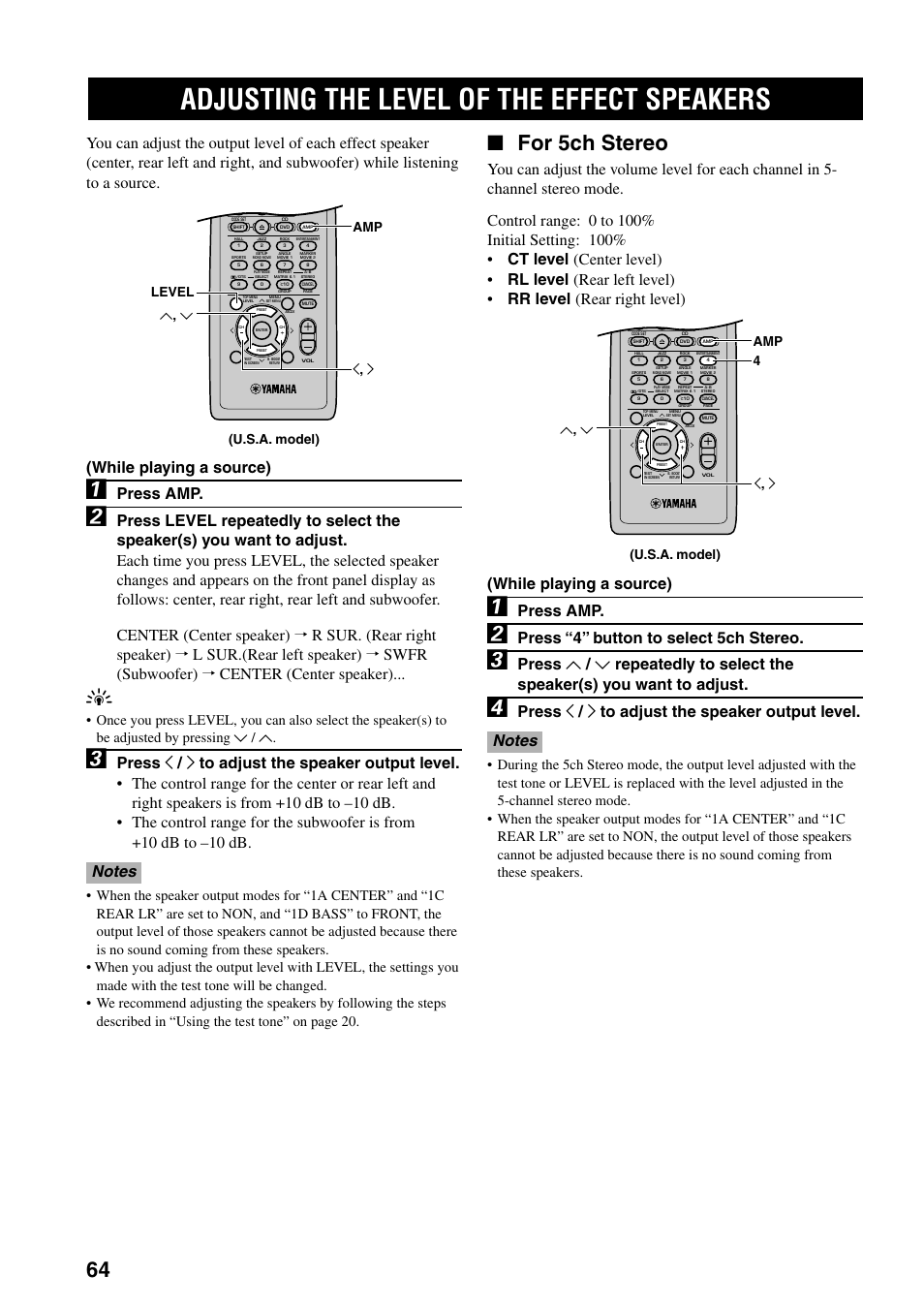 Adjusting the level of the effect speakers, For 5ch stereo, Press amp | Press “4” button to select 5ch stereo, Press j / i to adjust the speaker output level, Amp j , i u , d level, Amp 4 j , i u , d (u.s.a. model) (u.s.a. model) | Yamaha DVX-S100 User Manual | Page 68 / 82