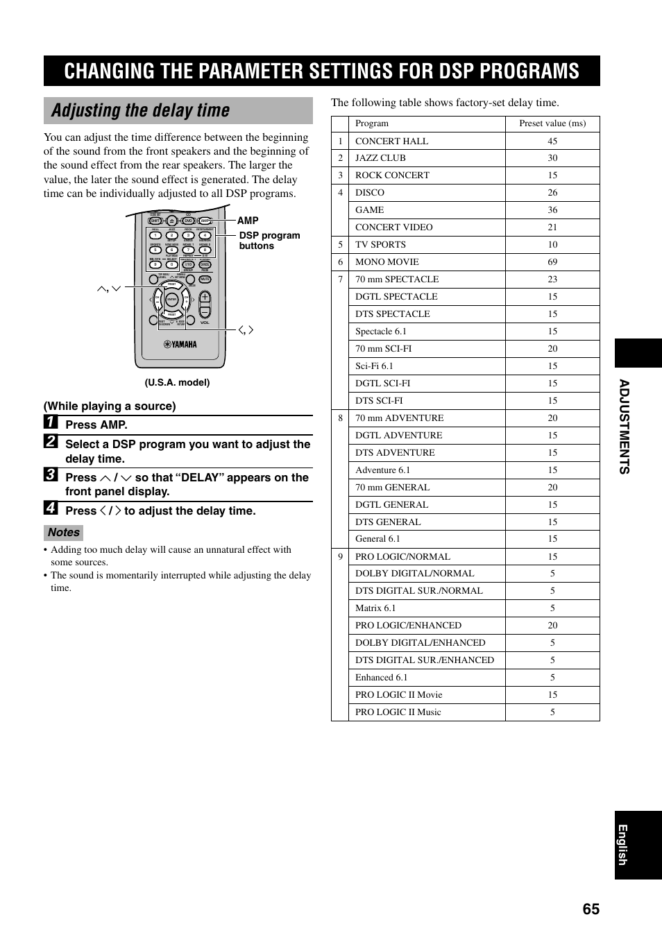 Changing the parameter settings for dsp programs, Adjusting the delay time, Adjustments | English, Press amp, Press j / i to adjust the delay time, The following table shows factory-set delay time | Yamaha DVX-S100 User Manual | Page 69 / 82