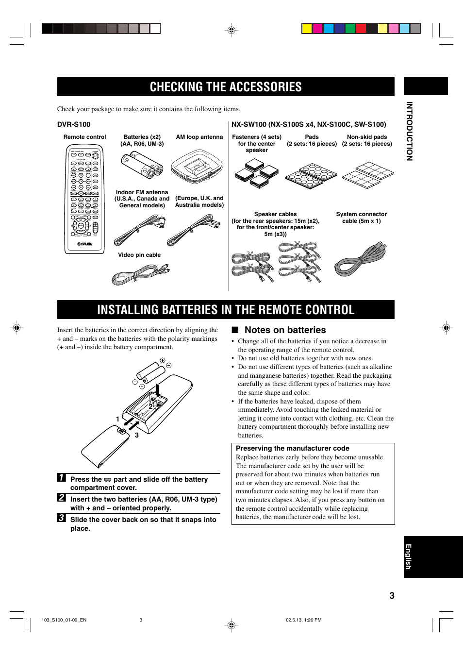 Checking the accessories, Installing batteries in the remote control, Intr oduction | English, Remote control, Non-skid pads (2 sets: 16 pieces) video pin cable | Yamaha DVX-S100 User Manual | Page 7 / 82
