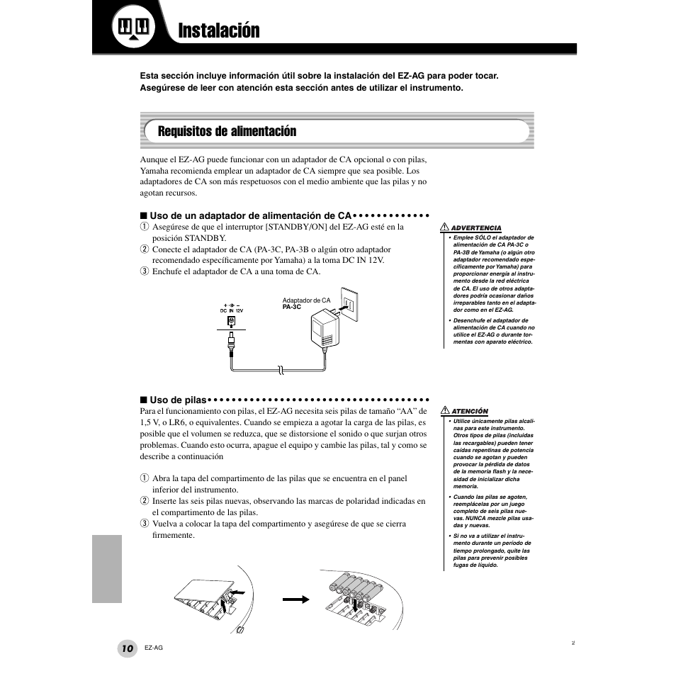 Instalación, Requisitos de alimentación | Yamaha EZ Guitar EZ-AG User Manual | Page 10 / 25