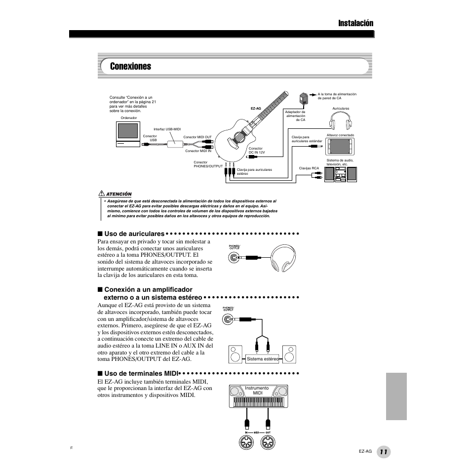 Conexiones, Instalación, Uso de auriculares | Uso de terminales midi | Yamaha EZ Guitar EZ-AG User Manual | Page 11 / 25
