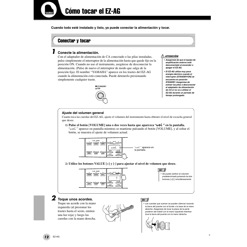 Cómo tocar el ez-ag, Conectar y tocar, Conecte la alimentación | Toque unos acordes, Ajuste del volumen general | Yamaha EZ Guitar EZ-AG User Manual | Page 12 / 25