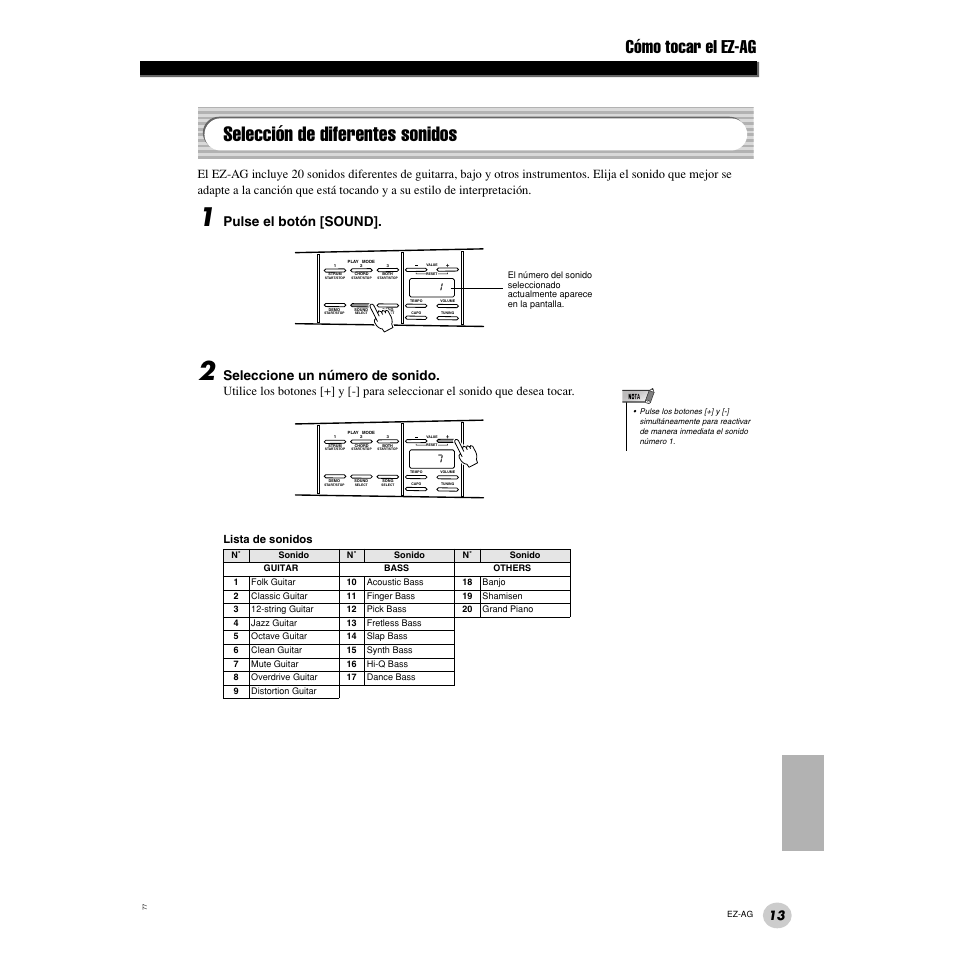 Selección de diferentes sonidos, Cómo tocar el ez-ag, Pulse el botón [sound | Seleccione un número de sonido, Lista de sonidos | Yamaha EZ Guitar EZ-AG User Manual | Page 13 / 25