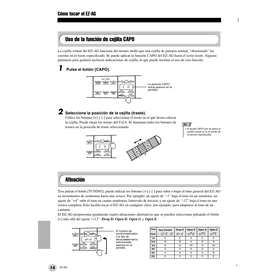 Uso de la función de cejilla capo, Afinación, Cómo tocar el ez-ag | Pulse el botón [capo, Seleccione la posición de la cejilla (traste) | Yamaha EZ Guitar EZ-AG User Manual | Page 14 / 25