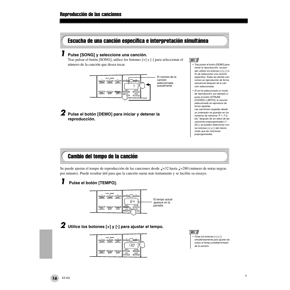 Cambio del tempo de la canción, Escucha de una canción específica, E interpretación simultánea | Reproducción de las canciones, Pulse [song] y seleccione una canción, Pulse el botón [tempo | Yamaha EZ Guitar EZ-AG User Manual | Page 16 / 25