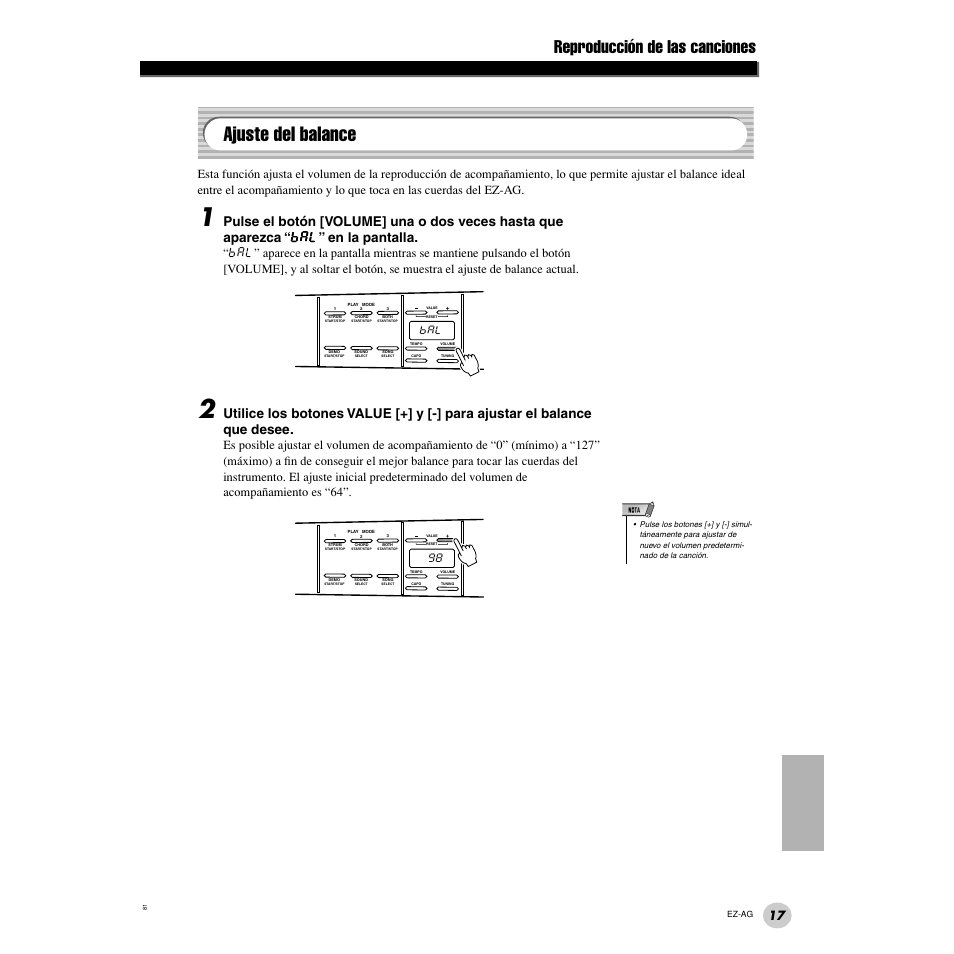 Ajuste del balance, Reproducción de las canciones | Yamaha EZ Guitar EZ-AG User Manual | Page 17 / 25