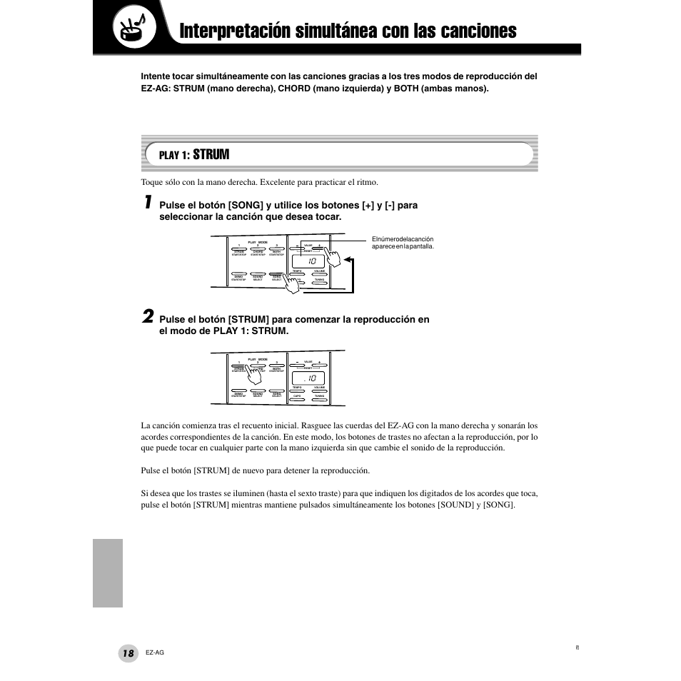 Interpretación simultánea con las canciones, Play 1: strum, Strum | Play 1 | Yamaha EZ Guitar EZ-AG User Manual | Page 18 / 25