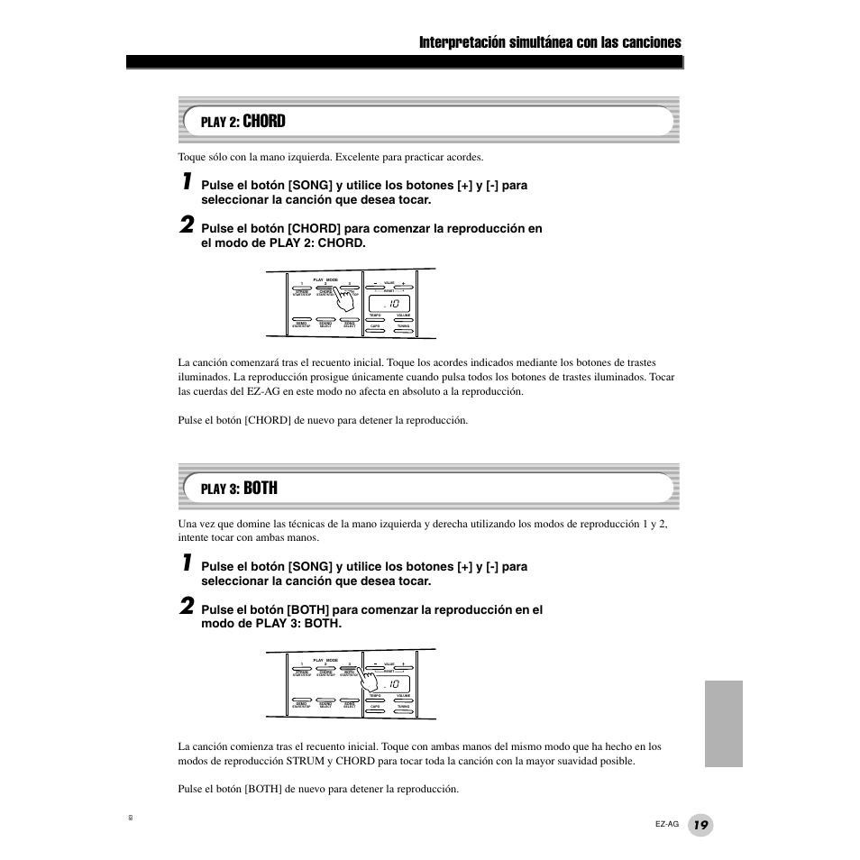 Play 2: chord, Play 3: both, Chord | Both, Interpretación simultánea con las canciones, Play 2, Play 3 | Yamaha EZ Guitar EZ-AG User Manual | Page 19 / 25