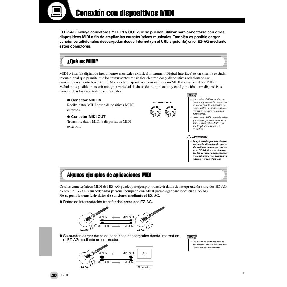 Conexión con dispositivos midi, Qué es midi, Algunos ejemplos de aplicaciones midi | Yamaha EZ Guitar EZ-AG User Manual | Page 20 / 25