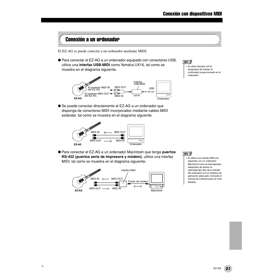 Conexión a un ordenador, Conexión con dispositivos midi | Yamaha EZ Guitar EZ-AG User Manual | Page 21 / 25