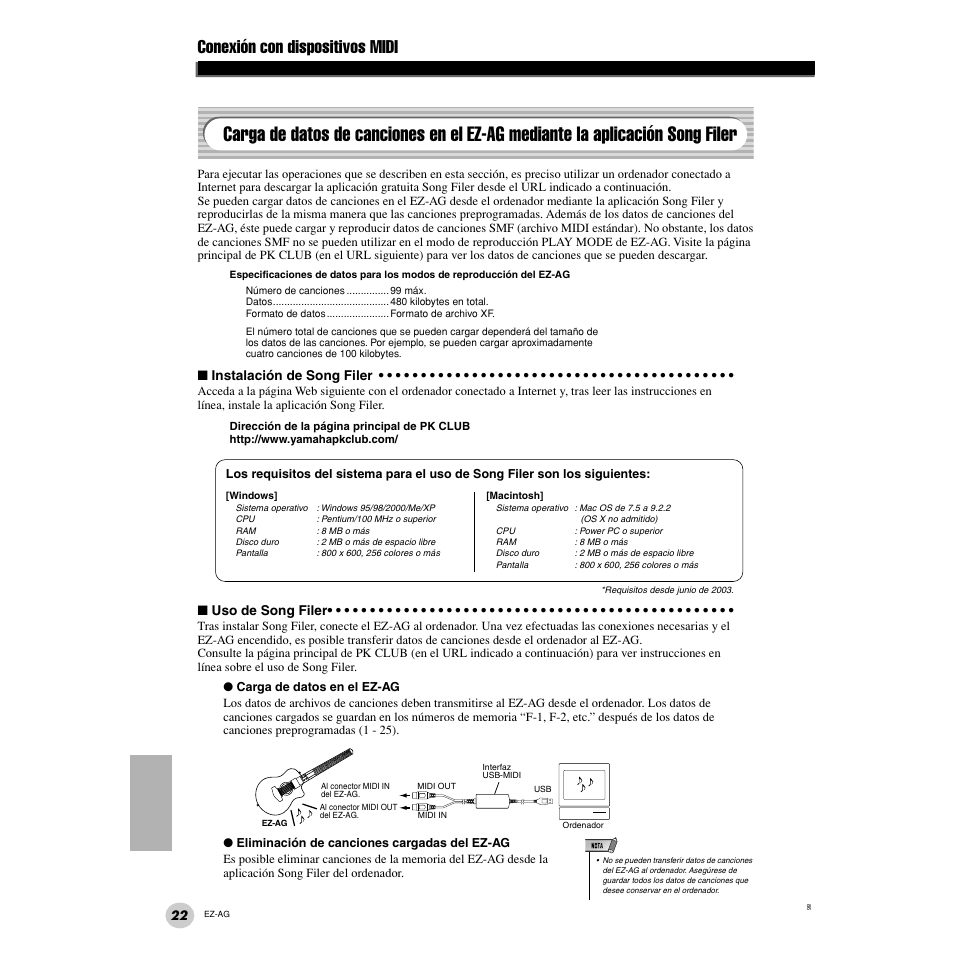 Carga de datos de canciones en el ez-ag, Mediante la aplicación song filer, Conexión con dispositivos midi | Yamaha EZ Guitar EZ-AG User Manual | Page 22 / 25