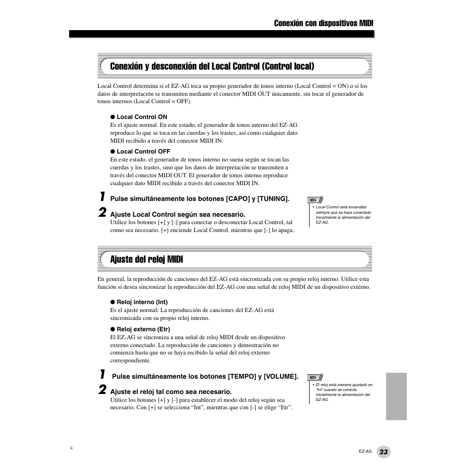 Ajuste del reloj midi, Conexión y desconexión del local control, Control local) | Conexión con dispositivos midi | Yamaha EZ Guitar EZ-AG User Manual | Page 23 / 25