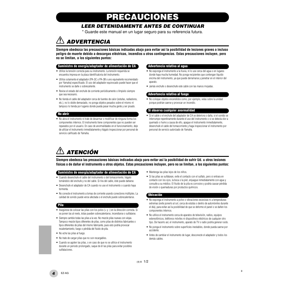 Precauciones, Advertencia, Atención | Leer detenidamente antes de continuar | Yamaha EZ Guitar EZ-AG User Manual | Page 4 / 25