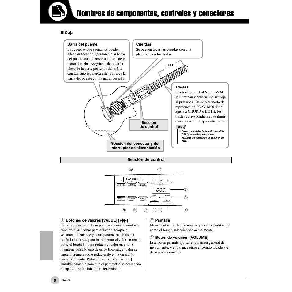 Nombres de componentes, controles y conectores, Caja q, Sección de control | Yamaha EZ Guitar EZ-AG User Manual | Page 8 / 25
