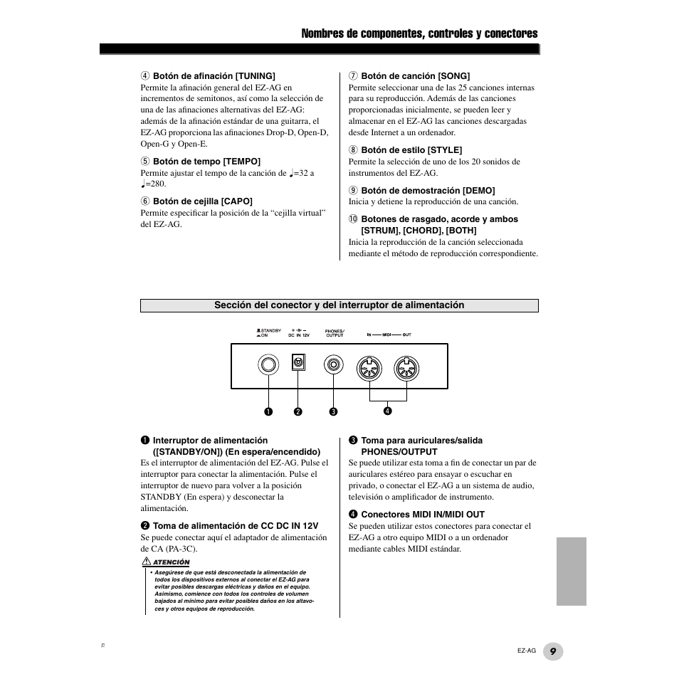 Nombres de componentes, controles y conectores | Yamaha EZ Guitar EZ-AG User Manual | Page 9 / 25