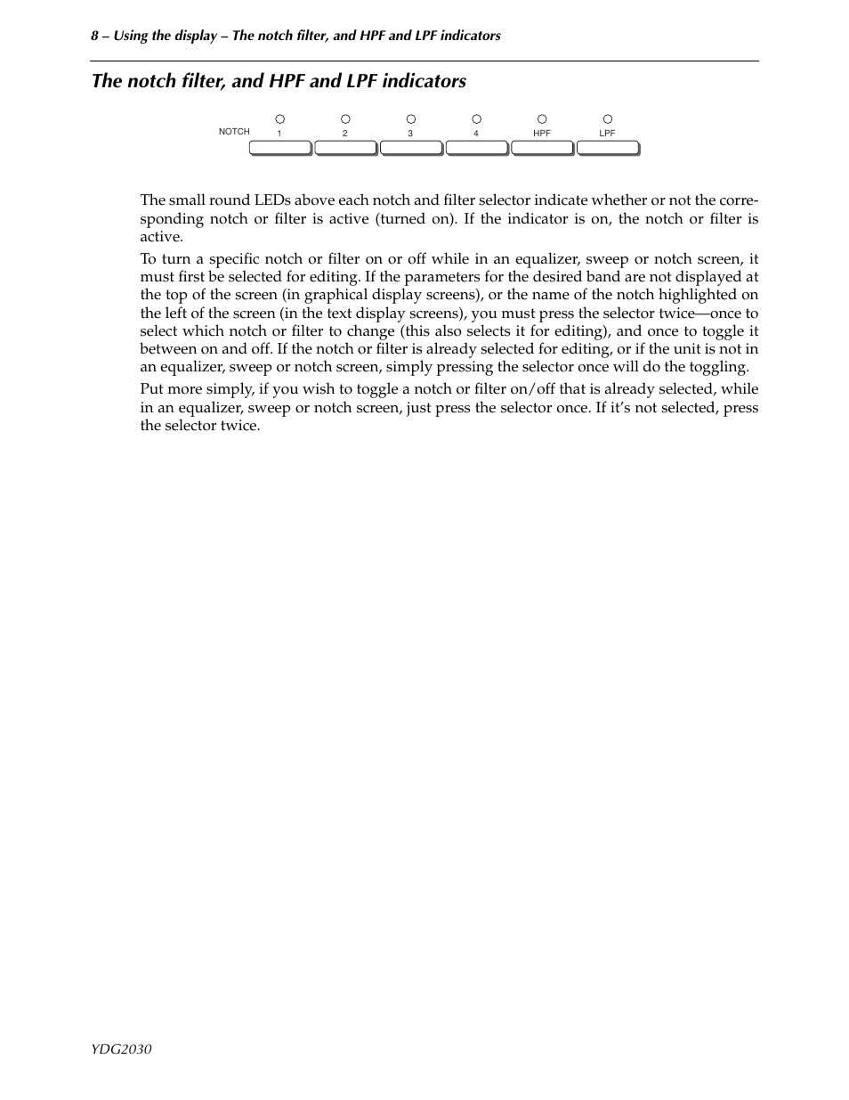 The notch filter, and hpf and lpf indicators | Yamaha YDG2030 User Manual | Page 10 / 27