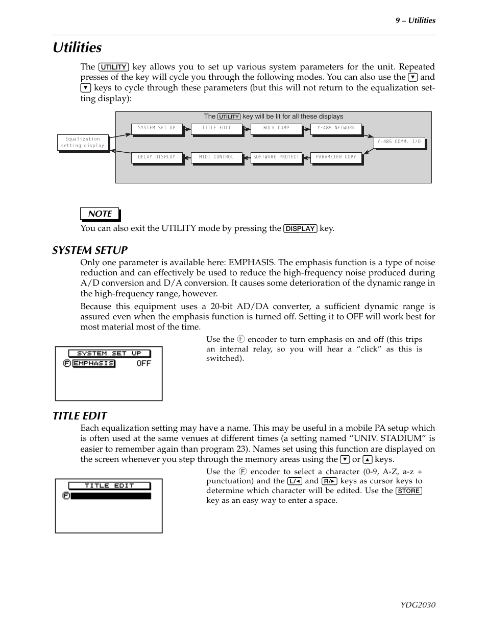 Utilities, System setup, Title edit | System setup title edit | Yamaha YDG2030 User Manual | Page 11 / 27