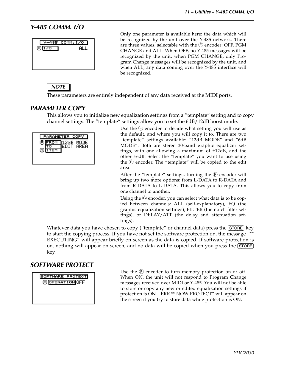 Y-485 comm. i/o, Parameter copy, Software protect | Y-485 comm. i/o parameter copy software protect | Yamaha YDG2030 User Manual | Page 13 / 27